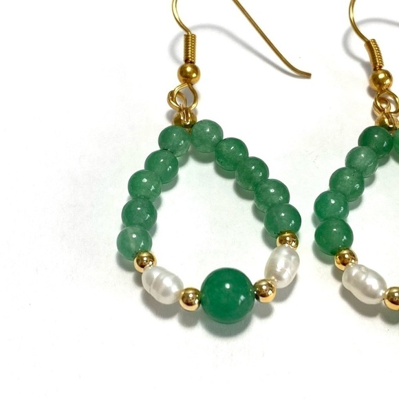 Earrings Dangles Drops Jadeite Pearls Green Artisan Gold Tone - Picture 6 of 7